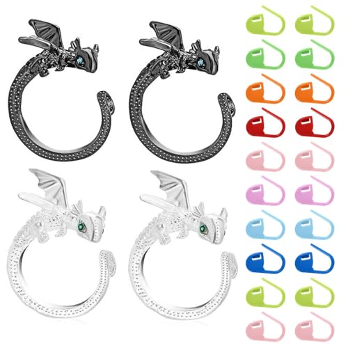 Häkel-Spannringe (schwarz und silber) und 20 Dornschnallen – Drachen-Strick-Häkelschlaufenring-Set, verstellbarer Garnführungsring für Finger, ergonomischer Metall-Häkelring für glatten Garnfluss von Yonfas