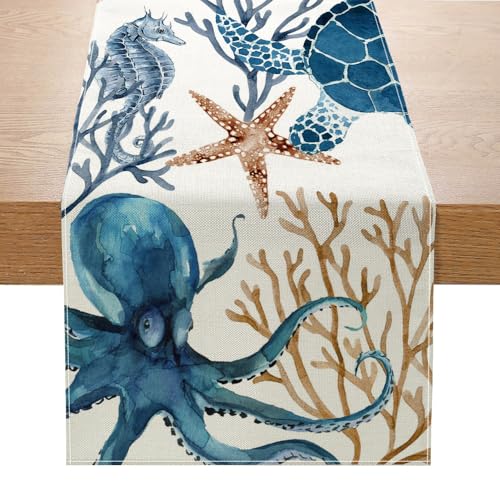 Tischläufer mit Meereslebewesen, Sommer-Ozeanwesen, Polyester-Dekor, Oktopus, Seestern, Muschel, kleine Tischdecke für Esstisch, Couchtisch, Strandparty, drinnen und draußen (#5,33 x 180 cm) von YongXinMY