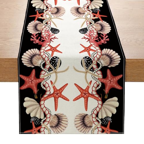 Tischläufer mit Meereslebewesen, Sommer-Ozeanwesen, Polyester-Dekor, Oktopus, Seestern, Muschel, kleine Tischdecke für Esstisch, Couchtisch, Strandparty, drinnen und draußen (#6,33 x 180 cm) von YongXinMY