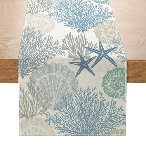 Tischläufer mit Meereslebewesen, Sommer-Ozeanwesen, Polyester-Dekor, Oktopus, Seestern, Muschel, kleine Tischdecke für Esstisch, Couchtisch, Strandparty, drinnen und draußen (3,33 x 180 cm) von YongXinMY