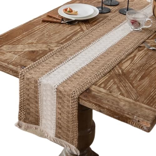 YongXinMY Boho-Tischläufer, rustikale Makramee, gewebte Baumwoll-Leinen-Tischdekoration mit Quasten, natürlicher Bauernhaus-Stil, Mittelstück für Esstisch, Kaffeekommode, Hochzeitsfeier (#2,30 x 220 von YongXinMY