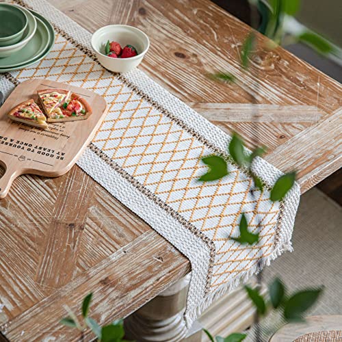 YongXinMY Boho-Tischläufer, rustikale Makramee, gewebte Baumwoll-Leinen-Tischdekoration mit Quasten, natürlicher Bauernhaus-Stil, Mittelstück für Esstisch, Kaffeekommode, Hochzeitsfeier (6,30 x 275 cm von YongXinMY