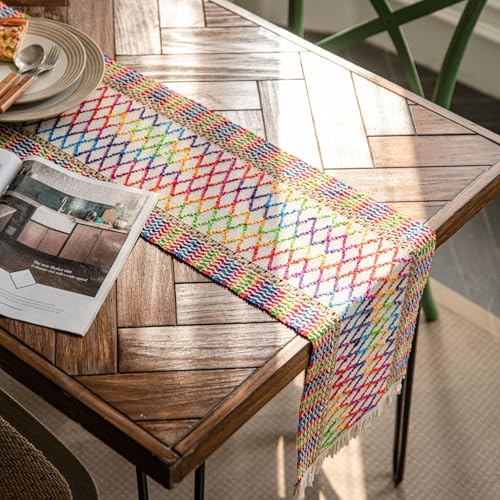YongXinMY Boho-Tischläufer, rustikale Makramee, gewebte Baumwoll-Leinen-Tischdekoration mit Quasten, natürlicher Bauernhaus-Stil, Mittelstück für Esstisch, Kaffeekommode, Hochzeitsfeier (9,30 x 140 cm von YongXinMY