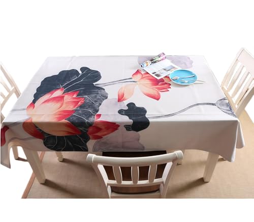 YongXinMY Tischdecke mit Lotusdruck, orientalische Baumwoll-Leinen-Tischdecke mit Tinte, Blumenmuster, rustikales dekoratives Tuch für Esszimmer, Teetisch, Couchtisch, Picknick, Terrasse von YongXinMY