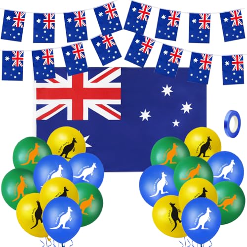 Australische Party-Dekorationsset, inklusive großer australischer Flagge, 6 m lange australische Flagge, Wimpelkette, Banner, 18 Stück Känguru-Ballons und blaue Bänder für Australien-Tag, Australische Party-Dekorationsset, inklusive großer australischer Flagge, 6 m lange australische Flagge, Wimpelkette, Banner, 18 Stück Känguru-Ballons und blaue Bänder für Australien-Tag, von Yontree