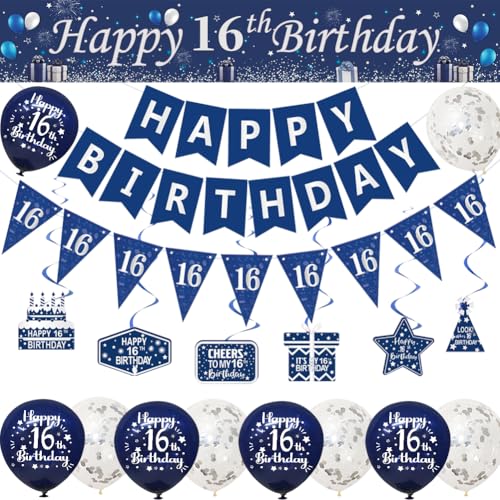 Dekoration zum 16. Geburtstag, blau, silberfarben, Banner zum 16. Geburtstag, Banner zum 16. Geburtstag, Wimpelkette, Girlande, hängende Wirbel, Dreiecksflaggen, Konfetti-Latex-Ballons für Ihn von Yontree