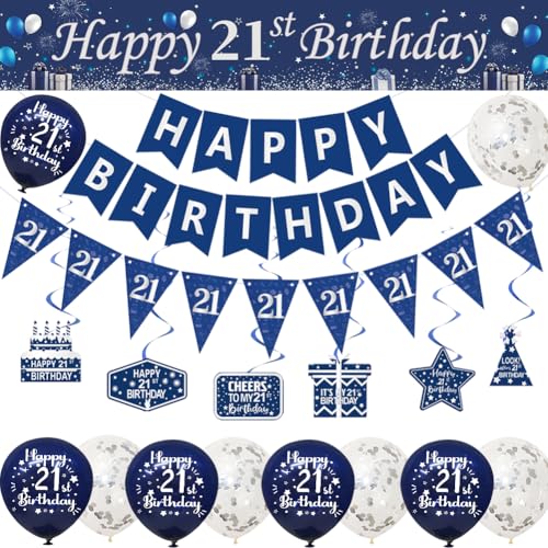 Dekoration zum 21. Geburtstag, blau, silberfarben, Banner zum 21. Geburtstag, Banner zum 21. Geburtstag, Wimpelkette, Girlande, hängende Wirbel, dreieckige Flaggen, Konfetti-Latex-Ballons für Ihn Dekoration zum 21. Geburtstag, blau, silberfarben, Banner zum 21. Geburtstag, Banner zum 21. Geburtstag, Wimpelkette, Girlande, hängende Wirbel, dreieckige Flaggen, Konfetti-Latex-Ballons für Ihn von Yontree
