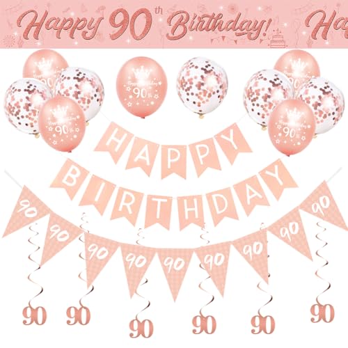 Dekoration zum 90. Geburtstag für Frauen, Roségold, Banner zum 90. Geburtstag, Banner zum 90. Geburtstag, Wimpelkette, Folien-Hängewirbel, Dreiecksflaggen, Konfetti-Latex-Luftballons Dekoration zum 90. Geburtstag für Frauen, Roségold, Banner zum 90. Geburtstag, Banner zum 90. Geburtstag, Wimpelkette, Folien-Hängewirbel, Dreiecksflaggen, Konfetti-Latex-Luftballons von Yontree