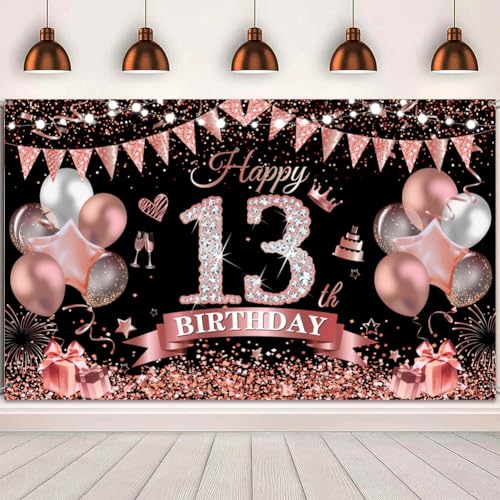 Yontree Banner "Happy 13th Birthday", 180 x 110 cm, schwarze Rose, Happy 13th Birthday, Banner Hintergrund, Dekoration für Mädchen und Frauen, 13 Jahre alt, Geburtstag, Jahrestag, Partyzubehör Yontree Banner "Happy 13th Birthday", 180 x 110 cm, schwarze Rose, Happy 13th Birthday, Banner Hintergrund, Dekoration für Mädchen und Frauen, 13 Jahre alt, Geburtstag, Jahrestag, Partyzubehör von Yontree