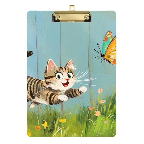 Anpassbares Klemmbrett mit Mappe, Motiv: Katze, die einen bunten Schmetterling jagt, transparent für Lehrer, Portfolio, Klemmbrett, Größe 22,9 x 30,5 cm von Yoogain