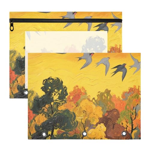Binder-Bleistiftbeutel, stabile 3-Loch-Tasche für A4-Papier, Briefe, 2 Stück, Studenten, Schulbedarf, Hallo Herbst, Baum, Vogel, Orange von Yoogain