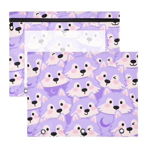 Binder-Bleistiftbeutel, transparent, 3 Löcher, Tasche für 3 Ringe, 2 Stück, Lehrer, Schulanfang, Cartoon, niedlicher Fuchs, Violett von Yoogain