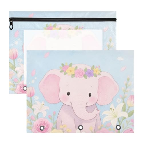 Binder-Bleistiftbeutel mit glatten Reißverschlüssen, 3-Loch-Tasche für A4-Papier, Briefe, 2 Stück, Lehrer, Klassenzimmer, niedlicher Cartoon-Elefant von Yoogain