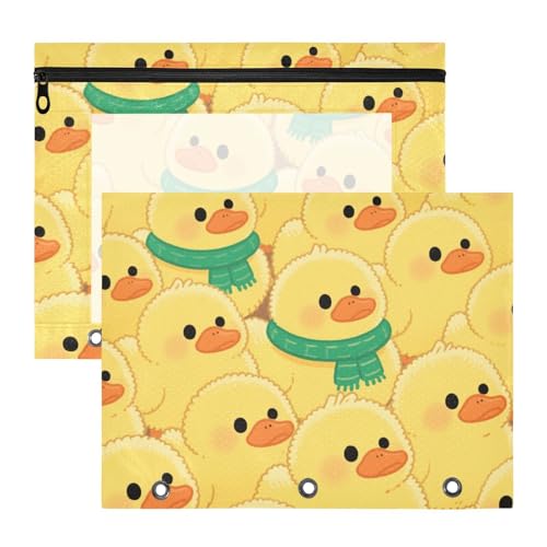 Binder-Bleistiftetui, 3 Löcher, Kunststoff, Ordner für A4-Papier, Briefe, 2 Stück, Schüler, Schulbedarf, niedliches Cartoon-Entengelb von Yoogain
