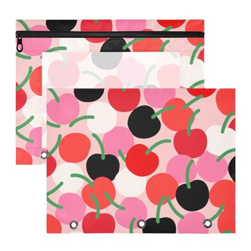 Binder-Bleistifttaschen mit 3 verstärkten Ösen, Taschenordner für A4-Papier, Briefe, 2 Stück, Studenten, Klassenzimmer, Cartoon, niedlich, Kirschrot von Yoogain