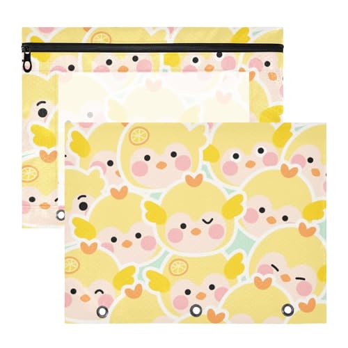 Binder-Federmäppchen, 3 Löcher, 3 Löcher, Tasche für 3 Ringe, 2 Stück, Studenten, College-Zubehör, Cartoon, niedliches Huhn, Gelb von Yoogain