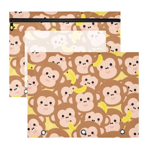 Binder-Federmäppchen, 3 Löcher, 3 Ringe, Tasche für A4-Papier, Briefe, 2 Stück, Lehrer, Schulanfang, Cartoon, niedlicher Affe, Braun von Yoogain