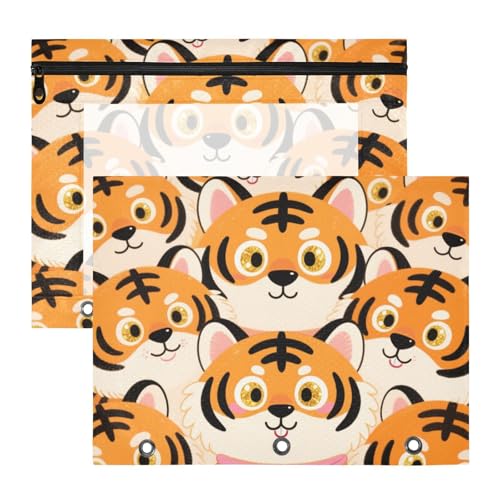 Binder-Federmäppchen, 3 Löcher, Taschenordner für A4-Papier, Briefe, 2 Stück, Lehrer, Büro, niedliche Cartoon-Tiger, Orange von Yoogain