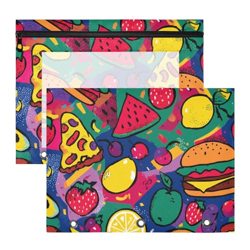 Bindertaschen, bezaubernder 3-Locher, für A4-Papier, Briefe, 2 Stück, Lehrer, College, Zubehör, lebendige Farben, Pizza, Obst, Burger von Yoogain