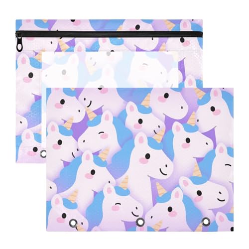 Bindertaschen, tragbar, 3 Löcher, für A4-Papier, Briefe, 2 Stück, Lehrer, Klasse, Cartoon, niedliche Einhörner, Lila von Yoogain