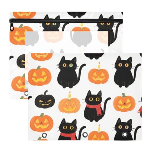 Bindertaschen, transparentes Fenster, 3 Löcher, Tasche für 3 Ringe, 2 Stück, Studenten, Kunstbedarf, Aufbewahrung, Cartoon, Halloween, schwarze Katzen und Kürbisse von Yoogain