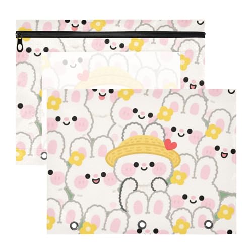 Bindertaschen mit Reißverschluss, 3-Loch-Tasche für A4-Papier, Briefe, 2 Stück, Lehrer, Schulbedarf, Cartoon, niedliches weißes Kaninchen von Yoogain