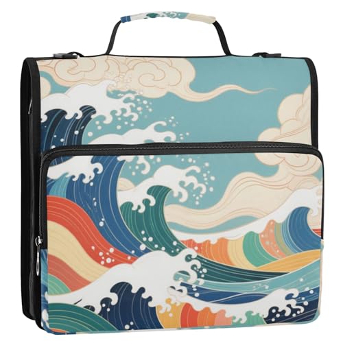 Büroordner mit Schultergurt und Griff, japanische bunte Wellen, 3,8 cm, 3,8 cm, mit Schultergurt und Griff, inklusive Reißverschlusstasche, Dokumenten-Organizer, Tasche, geeignet für Mittelschule von Yoogain