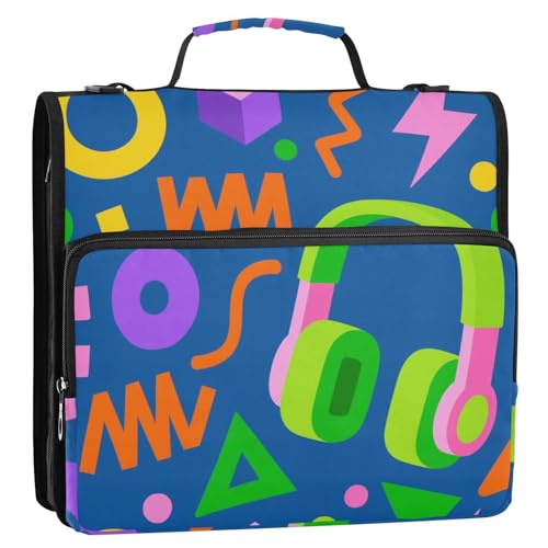 Bunte Retro-Kopfhörer, geometrische Formen, 3,8 cm, 3 Ringe, Büroordner mit Griff und abnehmbarem Schultergurt, einfach zu transportieren, Dokumenten-Organizer für die Schule Bunte Retro-Kopfhörer, geometrische Formen, 3,8 cm, 3 Ringe, Büroordner mit Griff und abnehmbarem Schultergurt, einfach zu transportieren, Dokumenten-Organizer für die Schule von Yoogain
