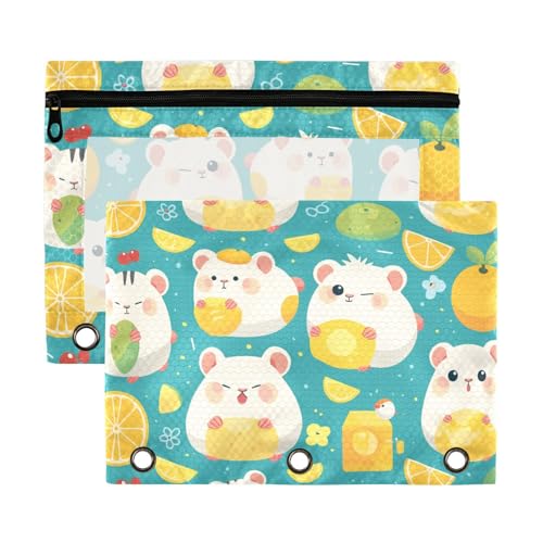 Cartoon-Hamster-Tasche mit 3 Ringen und transparentem Fenster, großer Reißverschluss in verschiedenen Farben, 3-Loch-Ordner zur Aufbewahrung von Schul- und Bürobedarf, mehrfarbig, 2 Stück von Yoogain