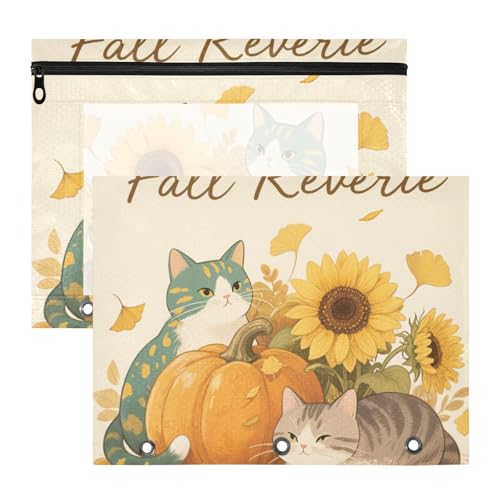 Federmäppchen, 3 Löcher, 3 Locher für 3 Ringe, 2 Stück, Studenten, Schulanfang, Hallo Herbst, Katze, Kürbis, Sonnenblume von Yoogain