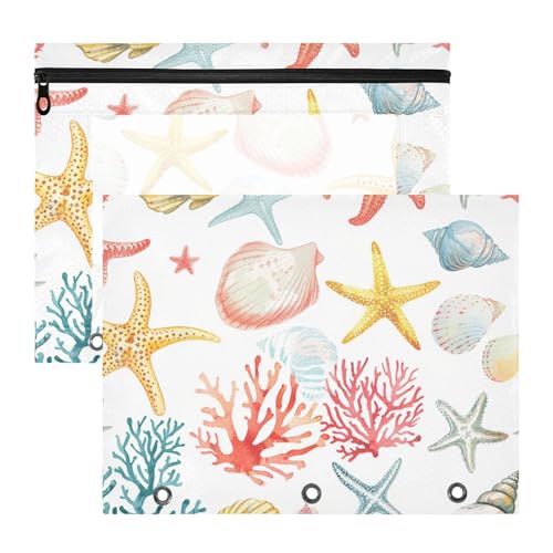 Federmäppchen, 3 Löcher, 3 Ringe, Tasche für 3 Ringe, 2 Stück, Lehrer, Zuhause, Koralle, Seestern, Muscheln, Tiere, weich, Grün, Blau, Weiß von Yoogain