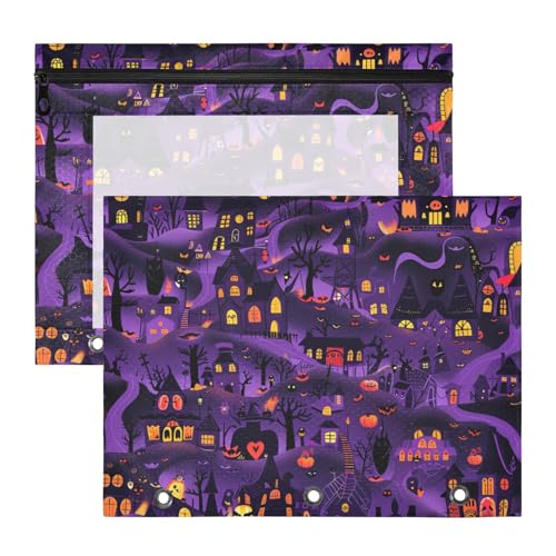 Federmäppchen, Mehrzweck-Kunststoff-Aktenordner für 3 Ringe, 2 Stück, Studenten, Schulbedarf, riesige Halloween-Stadt, Violett, Schwarz Federmäppchen, Mehrzweck-Kunststoff-Aktenordner für 3 Ringe, 2 Stück, Studenten, Schulbedarf, riesige Halloween-Stadt, Violett, Schwarz von Yoogain