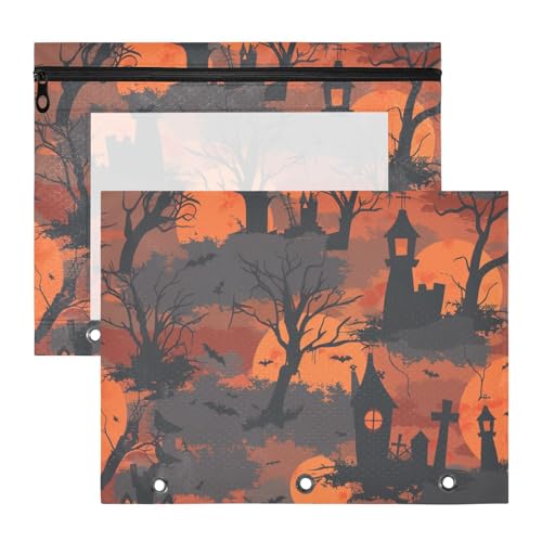 Federmäppchen, stabile 3-Loch-Tasche für A4-Papier, Briefe, 2 Stück, Studenten, College-Zubehör, Basteln, Nebel-Design, Halloween, Orange, Schwarz von Yoogain