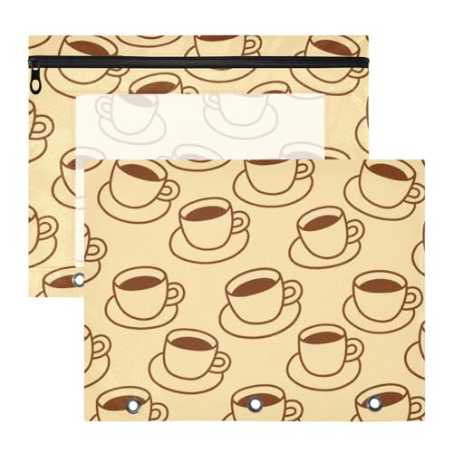 Federmäppchen, stabile Tasche mit 3 Löchern, für A4-Papier, Briefe, 2 Stück, Lehrer, Schulbedarf, niedliches Cartoon, Kaffee, Beige, Vintage von Yoogain
