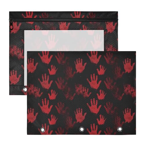 Federmäppchen, transparent, 3 Löcher, Tasche für 3 Ringe, 2 Stück, Lehrer, Schulanfang, rot, blutige Handabdrücke von Yoogain