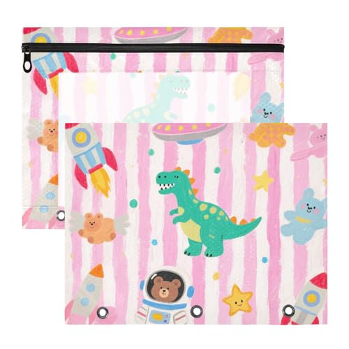 Federmäppchen, transparent, 3 Löcher, für A4-Papier, Briefe, 2 Stück, Studenten, Schulanfang, Cartoon, niedliche Dinosaurier-Raketen von Yoogain