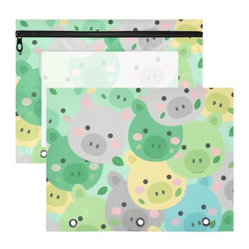 Federmäppchen mit 3 Löchern, Stifthalter für A4-Papier, Briefe, 2 Stück, Studenten, Büro, Cartoon, niedliches Schwein, Grün von Yoogain