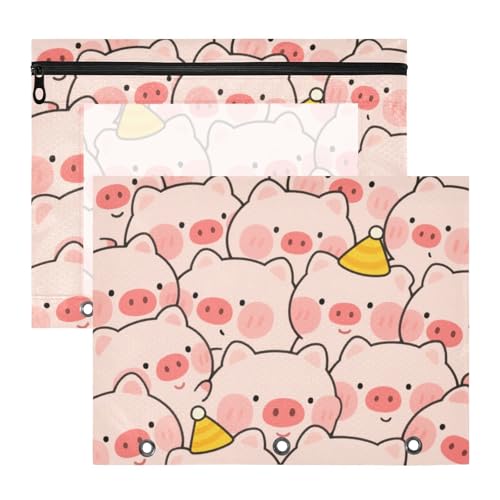 Federmäppchen mit Reißverschluss, 3-Loch-Tasche für 3 Ringe, 2 Stück, Lehrer, Büro, niedliches Cartoon-Schwein, Rosa von Yoogain
