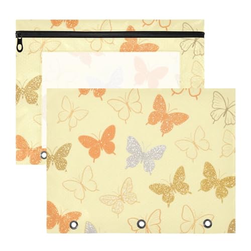 Federmäppchen mit Reißverschluss, 3-fach Locher, für A4-Papier, Briefe, 2 Stück, Lehrer, Kunstbedarf, Aufbewahrung, künstliche Glitzer-Pailletten, Schmetterling, Gelb von Yoogain
