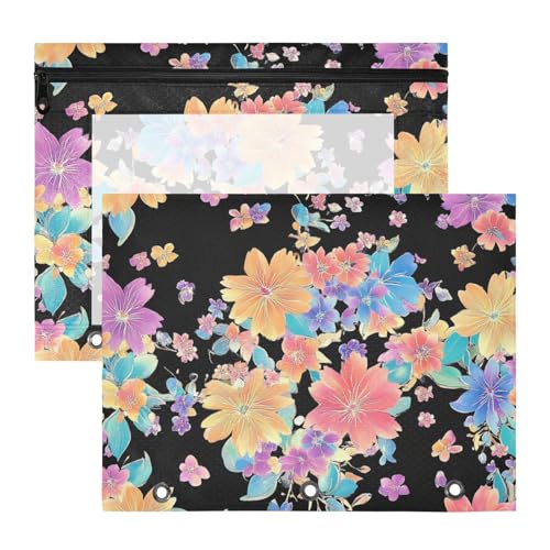 Federmäppchen mit Sichtfenster, 3 Löcher, für 3 Ringe, 2 Stück, Lehrer, Schulbedarf, bunt, japanisches Blumenmuster von Yoogain