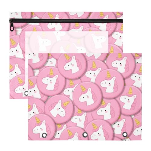 Federmäppchen mit glatten Reißverschlüssen, 3 Locher für 3 Ringe, Ordner, 2 Stück, Lehrer, Büro, niedliche Cartoon-Einhörner, Rosa von Yoogain