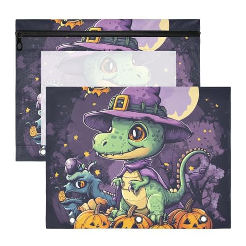Federmäppchen mit glatten Reißverschlüssen, Kunststoff-Aktenordner für A4-Papier, Briefe, 2 Stück, Lehrer, Klasse, Cartoon, Grün, Dino Halloween von Yoogain