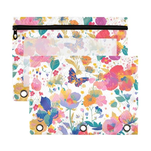 Frühlingsblumen, Schmetterlinge, 3 Löcher, für Ordner mit transparentem Fenster, große Kapazität, 3 Ringe, Ordner für Schule, Büro und Zuhause, mehrfarbig, 2 Stück von Yoogain