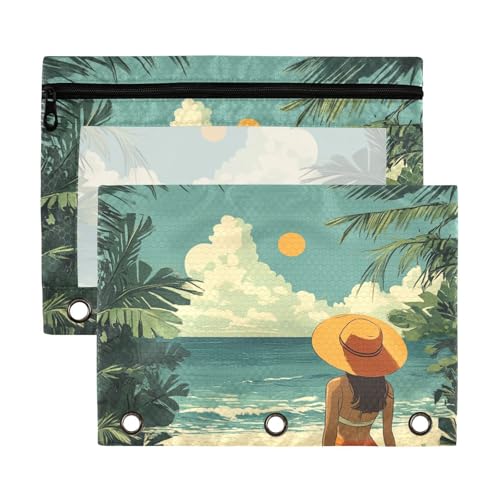 Große Federmäppchen mit Reißverschluss, Motiv: Sommer, Strand, tropisch, mit transparentem Fenster, Ringordner mit Taschen, groß und stabil, 3 Ringe, Reißverschluss, Ordner für Büro, Schule, Kosmetik Große Federmäppchen mit Reißverschluss, Motiv: Sommer, Strand, tropisch, mit transparentem Fenster, Ringordner mit Taschen, groß und stabil, 3 Ringe, Reißverschluss, Ordner für Büro, Schule, Kosmetik von Yoogain