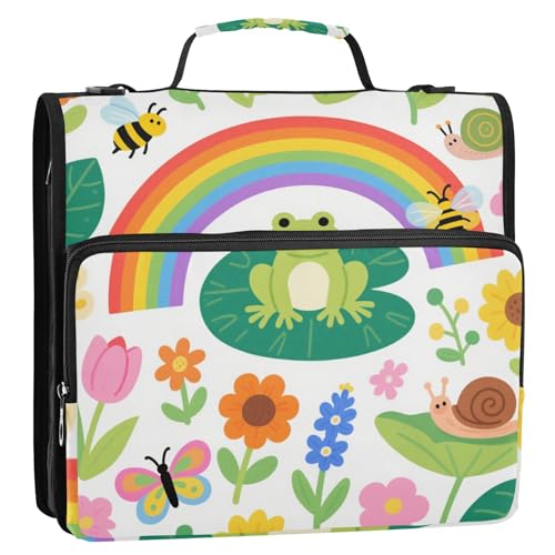 Kinderlicher Frosch, Schmetterling, Regenbogen, Blume, Biene, bunt, 3 Ringe, Reißverschluss, Ordner mit Gurt, wasserdicht, tragbar, für Zuhause, Reisen, sichere Aufbewahrungstasche für Schule und Büro Kinderlicher Frosch, Schmetterling, Regenbogen, Blume, Biene, bunt, 3 Ringe, Reißverschluss, Ordner mit Gurt, wasserdicht, tragbar, für Zuhause, Reisen, sichere Aufbewahrungstasche für Schule und Büro von Yoogain