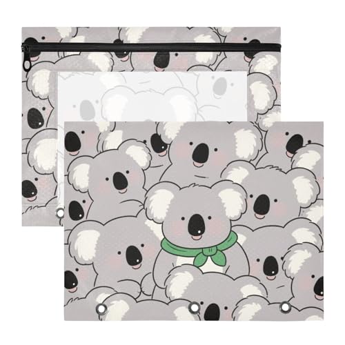 Kosmetiktasche, tragbar, 3 Locher für 3 Ringe, Ordner, 2 Stück, Lehrer, Büro, niedlicher Cartoon, Koala-Grau von Yoogain