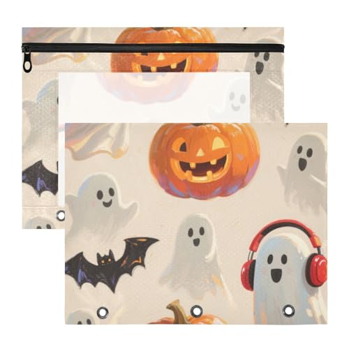 Kosmetiktasche mit Reißverschluss, 3 Locher für 3 Ringe, Ordner, 2 Stück, Studenten, Klasse, Orange, Halloween, Kürbis von Yoogain