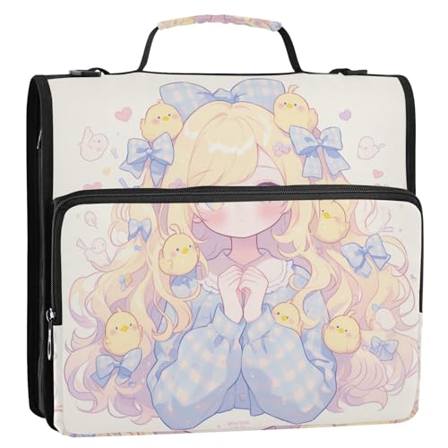 Niedliches einfaches Anime-Girl-Ordner mit 3 Ringen, 3,8 cm, Reißverschluss, mit Griff, mehrere Taschen, Schulordner, Organizer für die Schule von Yoogain