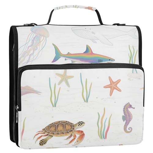 Ocean Animal Seestern, Hai, Quallen, bunte 3 Ringe, 3,8 cm, Büroordner mit Schultergurt und Griff, mehrere Taschen, Dokumentenmappe, Organizer für Mittelschule Ocean Animal Seestern, Hai, Quallen, bunte 3 Ringe, 3,8 cm, Büroordner mit Schultergurt und Griff, mehrere Taschen, Dokumentenmappe, Organizer für Mittelschule von Yoogain