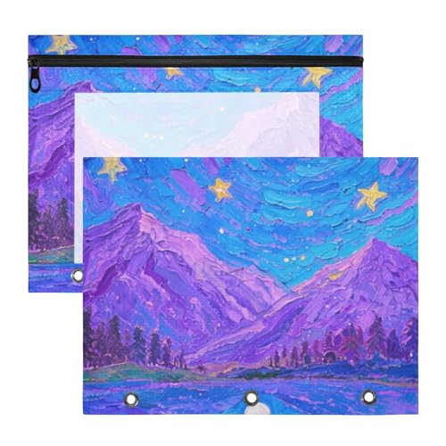 Ordner, stabile Taschenordner für 3 Ringe, 2 Stück, Lehrer, Schulbedarf, blau-violett, Sternenhimmel von Yoogain